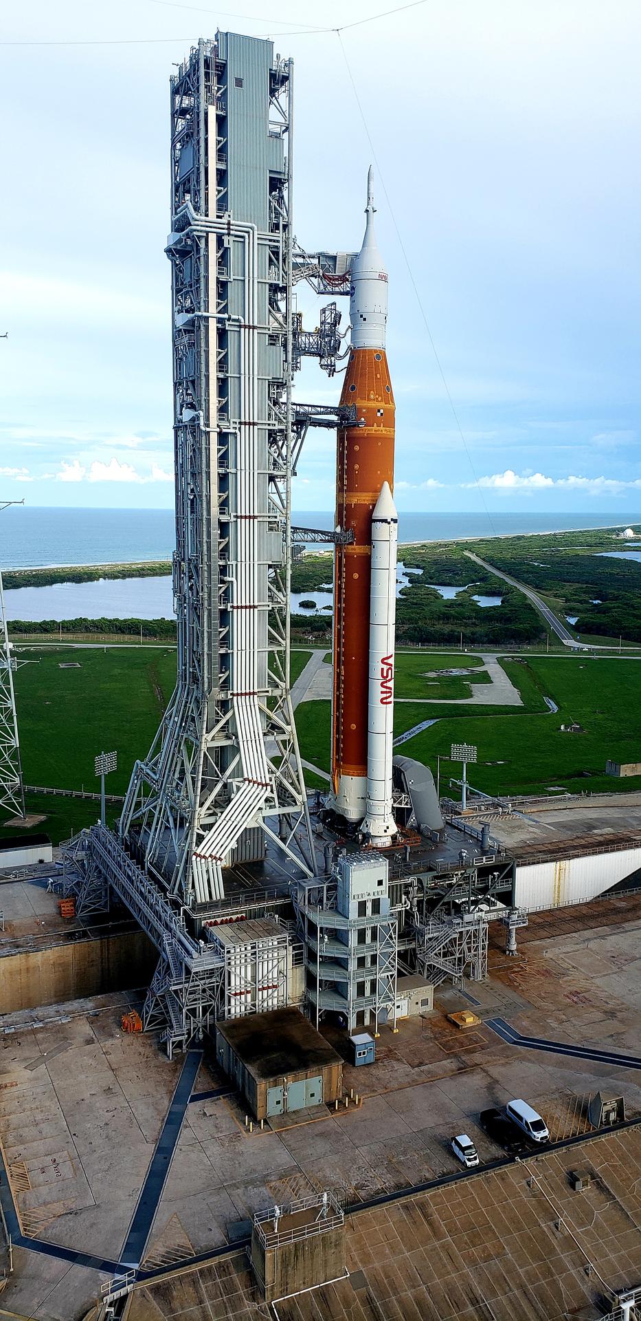 NASA's Space Launch System rocket stands ready on Launch Complex 39B at Kennedy Space Center